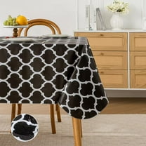 Geometric Pattern Waterproof Tablecloth with Flannel Backing Wipeable Stain Resistant Table Cover, Moroccan Black, Indoor & Outdoor