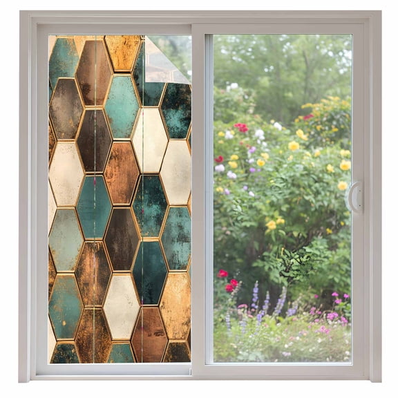 Geometric Pattern Window Privacy Film Colorful Hexagon Collage Art Decorative Glass Window Film UV Blocking Static Cling Non-Adhesive Sticker Covering for Home Door 35.4x78.7 inches