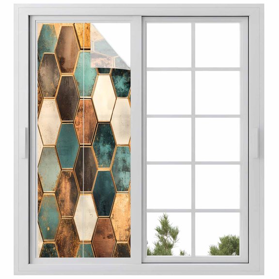 Geometric Pattern Window Privacy Film Colorful Hexagon Collage Art Decorative Glass Window Film UV Blocking Static Cling Non-Adhesive Sticker Covering for Home Door 23.6 x 59 inches