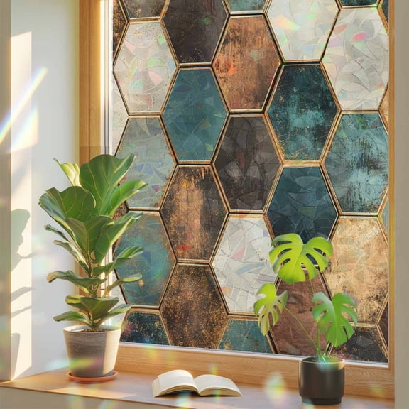 Geometric Pattern Window Privacy Film, Colorful Hexagon Collage Art Stained Glass Rainbow Film Decorative Window Clings, Static Cling Sun Blocking Stickers 29.5" x 78.7"