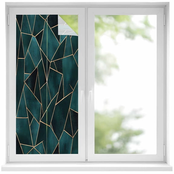 Geometric Pattern Window Privacy Film Dark Green Triangle Collage Decorative Glass Window Film UV Blocking Static Cling Non-Adhesive Sticker Covering for Home Door 19.6 x 39.3 inches
