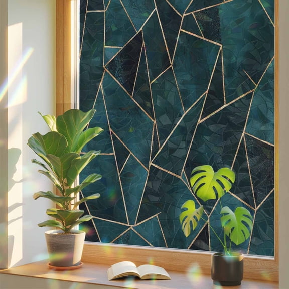 Geometric Pattern Window Privacy Film, Dark Green Triangle Collage Stained Glass Rainbow Film Decorative Window Clings, Static Cling Sun Blocking Stickers 17.7" x 39.3"