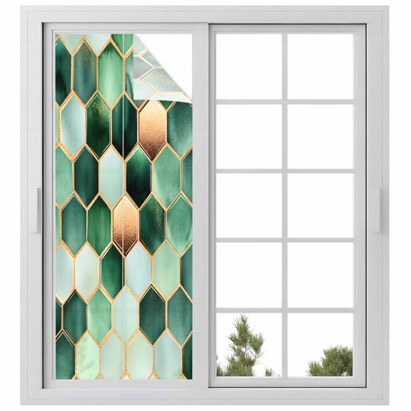 Geometric Pattern Window Privacy Film Green Brown Hexagon Collage Art Decorative Glass Window Film UV Blocking Static Cling Non-Adhesive Sticker Covering for Home Door 23.6 x 59 inches