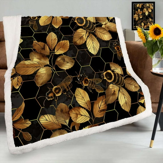 Geometric Pattern With Bee Sherpa Blanket Throw Blanket For Bed Chair Sofa Blanket For Women Men Blanket Microfiber