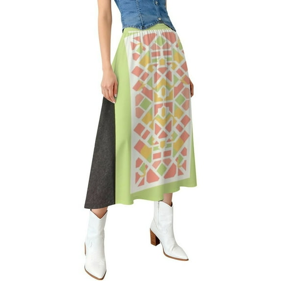 Geometric Pattern on Card Women High Waist Midi Skirt Elegant Midi Skirt High Waist A-line for Women