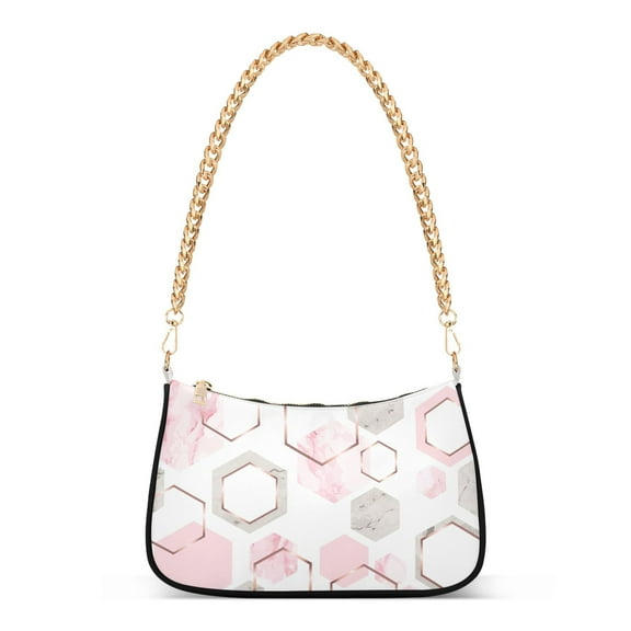 Geometric Pattern with Rose Gold Pink and Gray Marble Womens Chain Shoulder Bag Tote Handbag Clutch Hobo Purse with Zipper for Travel Casual