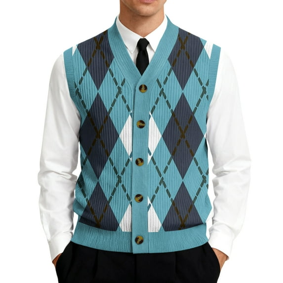 Geometric Patterned Knit Vest for Men, V-Neck Button Front Sleeveless Cardigan Blue 2XL