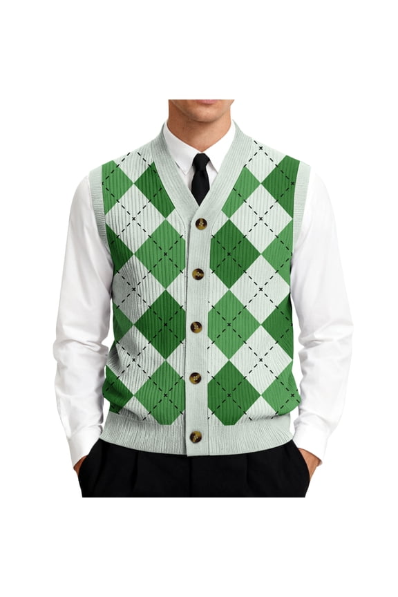 Geometric Patterned Knit Vest for Men, V-Neck Button Front Sleeveless Cardigan Green M