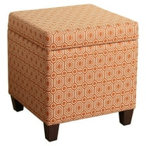 Geometric Patterned Square Wooden Ottoman with Lift Off Lid Storage, Orange and Cream - Saltoro Sherpi