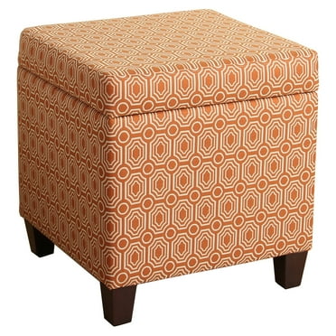 Geometric Patterned Square Wooden Ottoman with Lift Off Lid Storage, Orange and Cream - Saltoro Sherpi