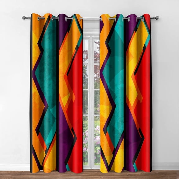 Geometric Patterns Blackout Curtains - Room Darkening Window Drapes Rainbow Colorful Grid Design Print Decor Home Bedroom Living Room Grommet Window Drapes 2 Panel Set, 42"x63"