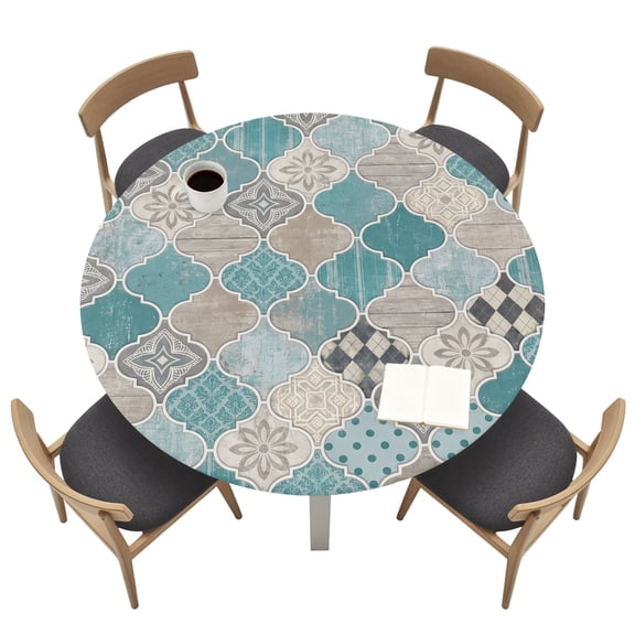 Geometric Patterns Round Fitted Tablecloth with Elastic Edged, Boho Chic Blue Moroccan Waterproof Table Cover for Dinner Outdoor Picnic &nbsp;Fits Round Tables up to 36"- 44" Diameter