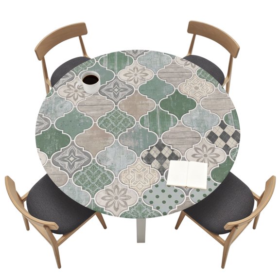 Geometric Patterns Round Fitted Tablecloth with Elastic Edged, Boho Chic Green Moroccan Waterproof Table Cover for Dinner Outdoor Picnic &nbsp;Fits Round Tables up to 45"- 54" Diameter