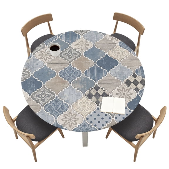Geometric Patterns Round Fitted Tablecloth with Elastic Edged, Boho Chic Sky Blue Moroccan Waterproof Table Cover for Dinner Outdoor Picnic &nbsp;Fits Round Tables up to 45"- 54" Diameter