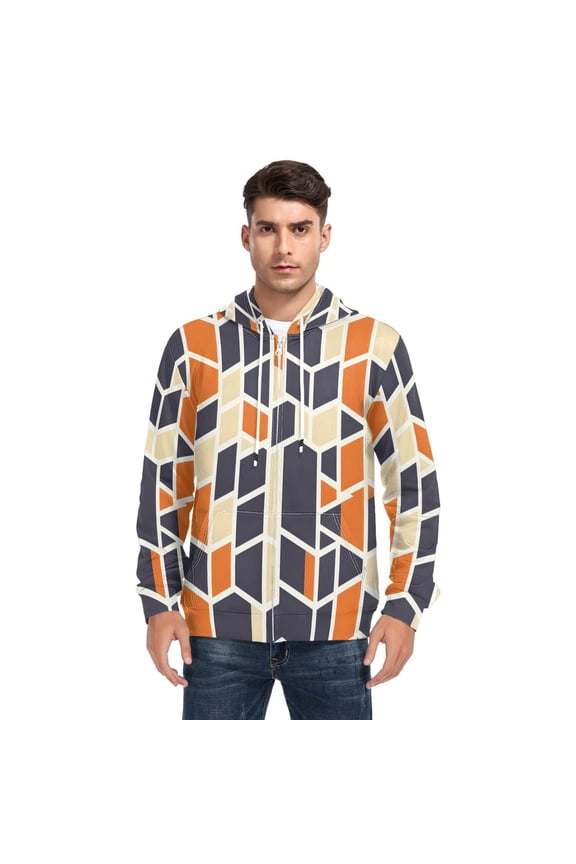Geometric Patterns in Navy Blue and Orange Men’s Hoodies Sweatshirt with Full Zip Pockets Fleece Jackets