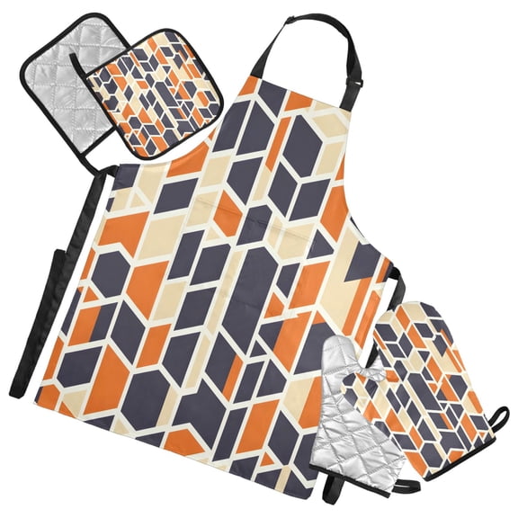 Geometric Patterns in Navy Blue and Orange Oven Mitts and Pot Holders with Chef Apron Set 5 Pcs Kitchen Cooking Set