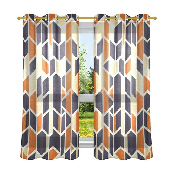 Geometric Patterns in Navy Blue and Orange Semi Sheer Curtains for Living Room Bedroom Set of 2 Insulated Window Drapes