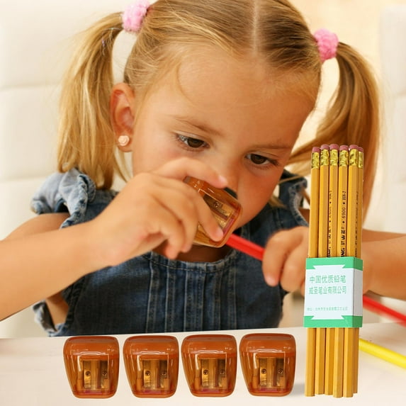 Geometric Pencil Sharpener Set,4-Piece Double Hole Sharpeners with 10 Pencils,Sketch Supplies,Orange