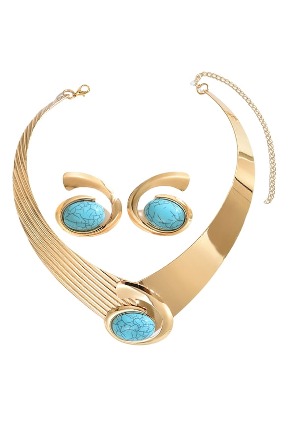 Geometric Pendant Necklace Earrings Set Oval Stone Gold Color Statement Jewelry Geometry Accessories For Casual Wear