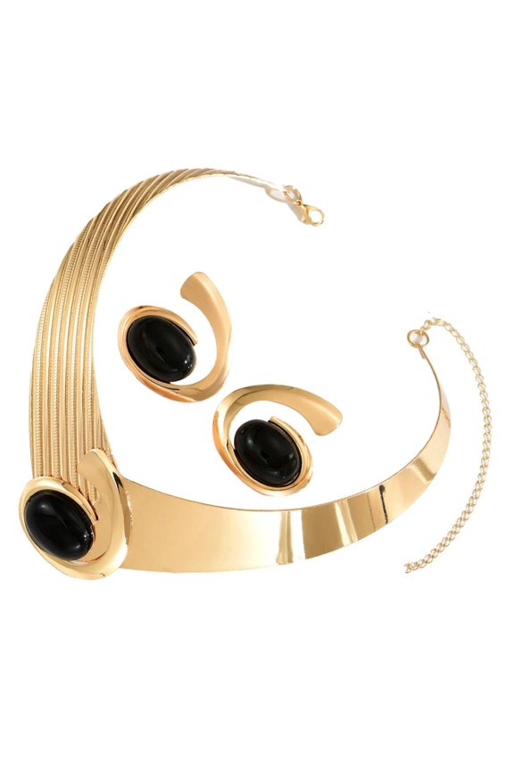 Geometric Pendant Necklace Earrings Set Oval Stone Gold Color Statement Jewelry