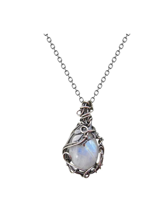 Geometric Pendant Necklace for Women with Boho Leaf Rattan Natural Stone Trend Jewelry,20.1 inch,Silver