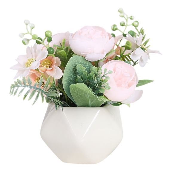 Geometric Peony Pot Decor, White Fake Pink Peony Plant, Elegant Geometric Pot with Artificial Peony Plant: 6.30×3.15×3.15 Inches Charming Decor for Home Tabletop & Shelf Display
