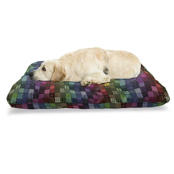 Geometric Pet Bed, 100 Squares Tile Design with Motifs Forming Blended Color Patchwork, Chew Resistant Pad for Dogs and Cats Cushion with Removable Cover, 24" x 39", Multicolor, by Ambesonne