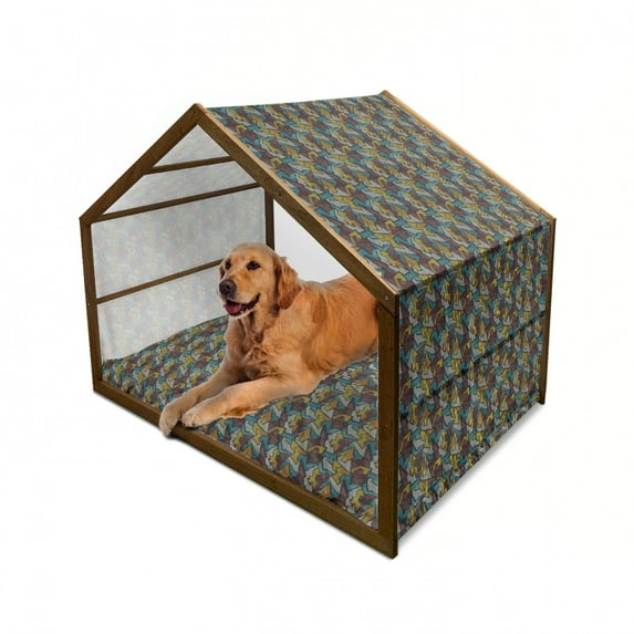 Geometric Pet House, Abstract Shapes with Striped and Polka Dotted Patterns Urban Teenage Retro Design, Outdoor & Indoor Portable Dog Kennel with Pillow and Cover, 5 Sizes, Multicolor, by Ambesonne