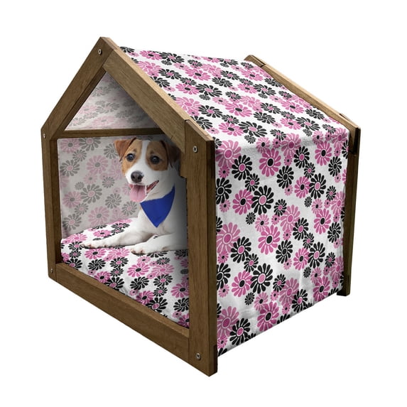 Geometric Pet House, Feminine Floral Pattern Nature Inspired Old Fashioned Blooming Flowers, Outdoor & Indoor Portable Dog Kennel with Pillow and Cover, 5 Sizes, Hot Pink White Black, by Ambesonne