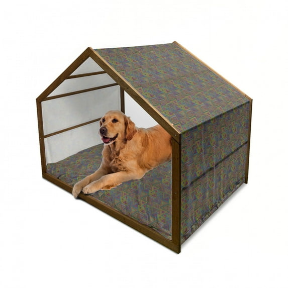Geometric Pet House, Modern Design in Rainbow Colors Triangles Retro 80s Like Pattern Image Art, Outdoor & Indoor Portable Dog Kennel with Pillow and Cover, 5 Sizes, Multicolor, by Ambesonne