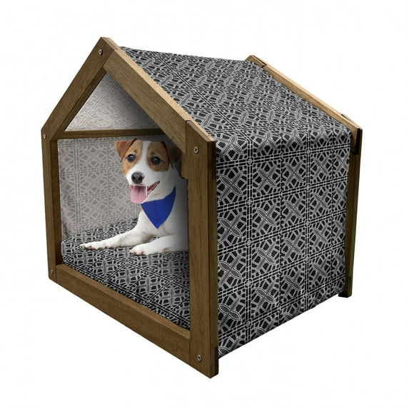 Geometric Pet House, Retro Stripy Flooring Tile Design Composed by Chain Linked Squares, Outdoor & Indoor Portable Dog Kennel with Pillow and Cover, 5 Sizes, Black Grey and White, by Ambesonne