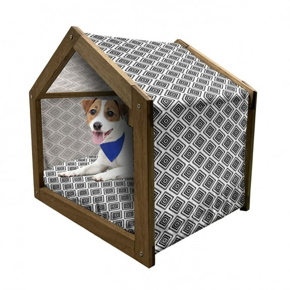 Geometric Pet House, Tribal Pattern Aztec Civilization Inspired Digital Art Monochrome Americas, Outdoor & Indoor Portable Dog Kennel with Pillow and Cover, 5 Sizes, Black White, by Ambesonne