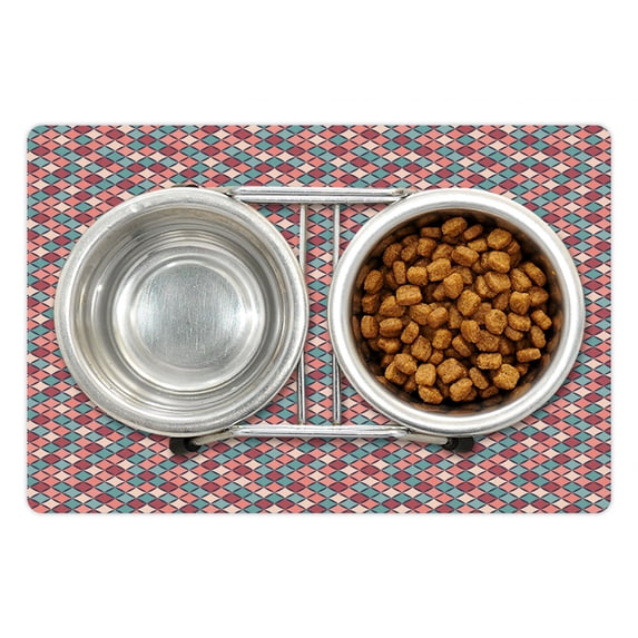 Geometric Pet Mat for Food and Water, Retro Style Checkered Pattern Hipster Mosaic Boho Modern Fashion Simple Design, Non-Slip Rubber Mat for Dogs and Cats, 18" X 12", by Ambesonne