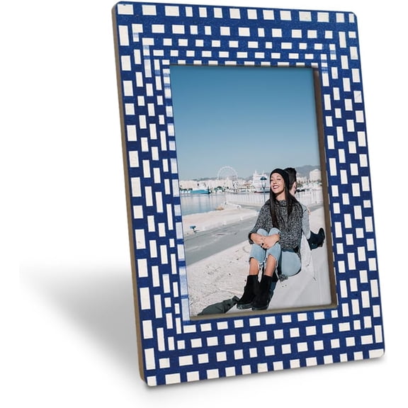 Geometric Photo Frame, Boho Patterned Decoration Photos Frame, Blue and White Abstract Design Picture Frames, Fitting a 4x6 Inches Photo, Display on Table Top Desk