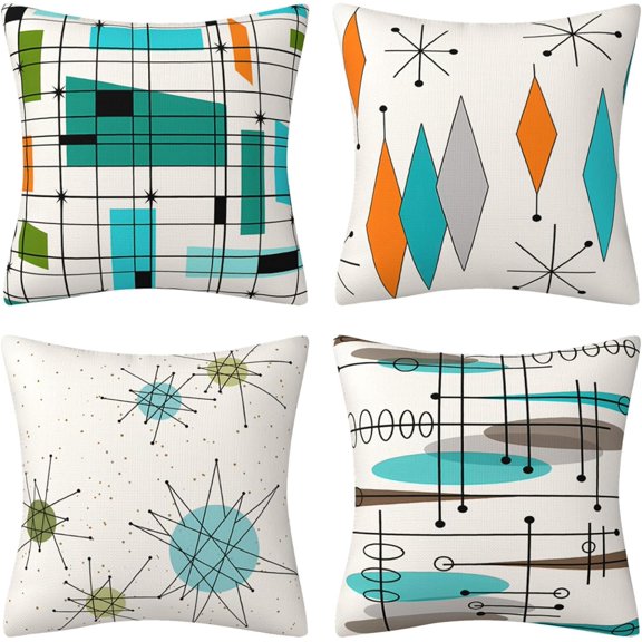 Geometric Pillow Cover Farmhouse Decorative Throw Pillow Case Indoor Outdoor Cushion Cover Teal Turquoise Orange Retro Grid Starbursts Linen Pillowcase for Couch Living Room 18 x 18 Inch Set of 4