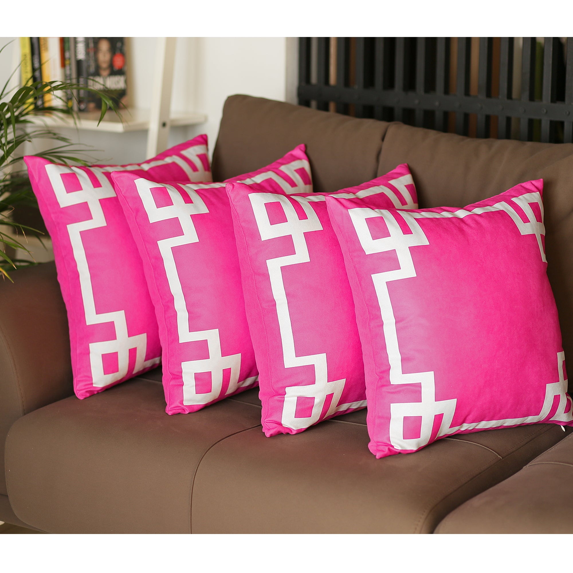 Pink Geometric Greek Key Polyester Euro Pillow Covers, 20" x 20", Set of 4