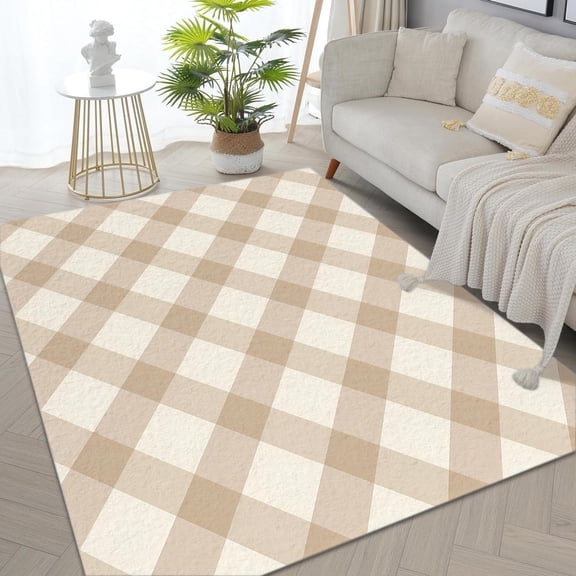 Geometric Plaid Area Rugs, Light Brown Geometric Striped Plaid Carpet, Washable Non Slip Low Pile Soft Rug for Living Room Office Decor Mat 5x8ft