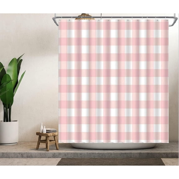 Geometric Plaid Extra Long Waterproof Shower Curtain, Checkered Modern Geometry Pink White Check Boho Square Blush Bathroom Home Curtain Decor with Hooks 72"W x 84"L (Pack of 1)