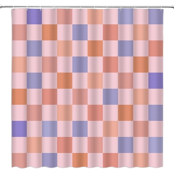 Geometric Plaid RV Shower Curtain 60s 70s Abstract Checkered Groovy Boho Checkerboard Modern Pink Small Stall Bathroom Home Curtain with Hooks,36" Wx70 H