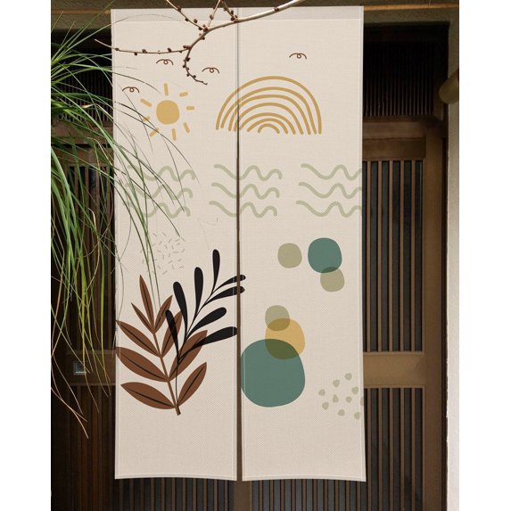 Geometric Plant Pattern Japanese Door Curtain Minimalist Noren Style Boho Bedroom Kitchen Partition Doorway Curtain Half-Curtain