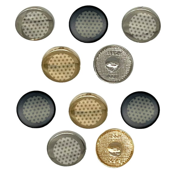 Geometric Polka Dotted Circle Set of 10 Metal 0.6" (15mm) Sewing Shank Round Buttons - Silver Color