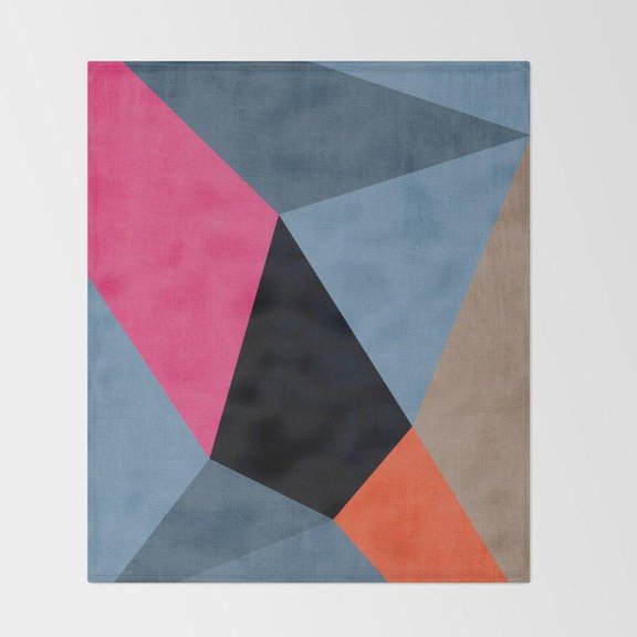 Geometric Polygon Blue, Pink, Charcoal and Orange Polyester Fleece Blanket, 280 GSM, Angular Color Block Style