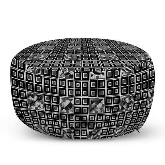 Geometric Pouf Cover with Zipper, Ornamental Concentric Aligned Black and White Trapped Quadrangulars, Soft Decorative Fabric Unstuffed Case, 30" W X 17.3" L, Black Grey and White, by Ambesonne