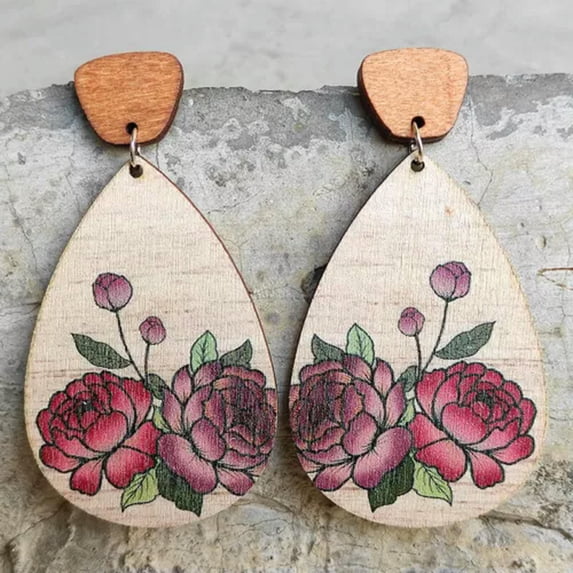 Geometric Print Butterfly Wooden Flower and Plants Teardrop Statement Earrings