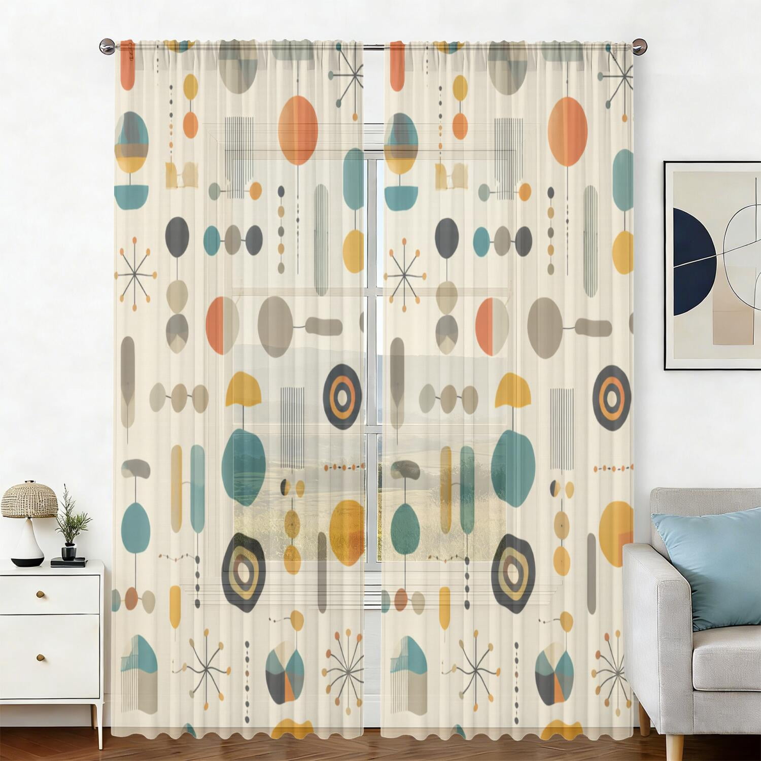 Geometric Print Light-Filtering Window Curtains, Rod Pocket, Dining ...