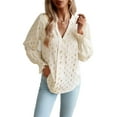 thumbnail image 1 of Geometric Print V Neck Long Sleeve Shirred Cuff Blouse for Women Beige Small, 1 of 5