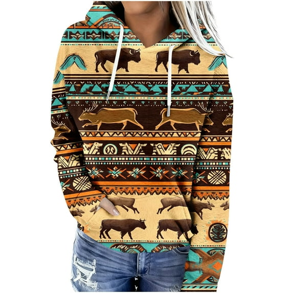 Geometric Print Western Aztec Hoodies for Women Ethnic Style Pullover Tops Casual Long Sleeve Loose Retro Hooded Sweatshirts