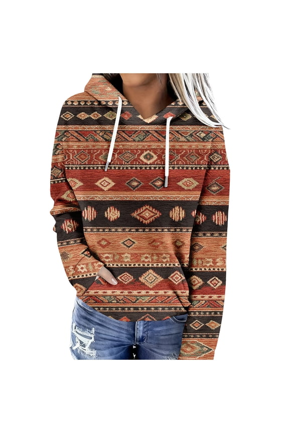 Geometric Print Western Aztec Hoodies for Women Pullover Casual Ethnic Style Long Sleeve Loose Retro Hooded Sweatshirt Tops