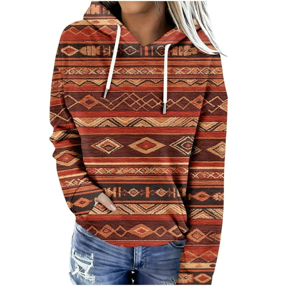 Geometric Print Western Aztec Hoodies for Women Pullover Casual Ethnic Style Long Sleeve Loose Retro Hooded Sweatshirt Tops