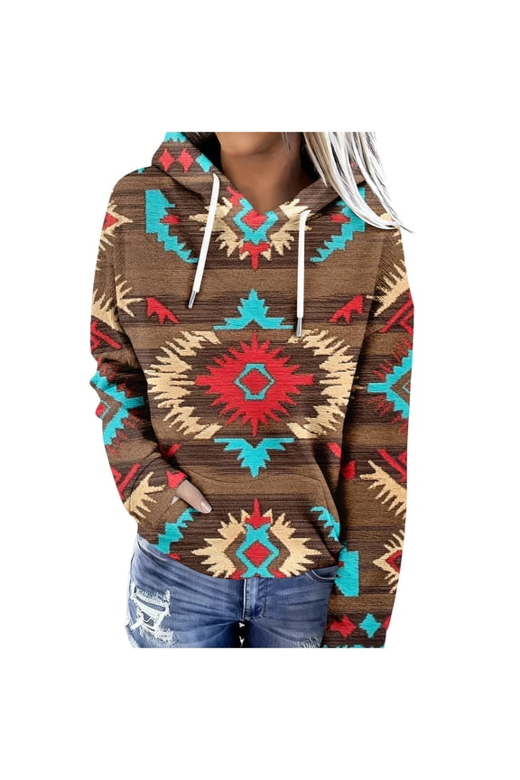 Geometric Print Western Aztec Hoodies for Women Pullover Casual Ethnic Style Long Sleeve Loose Retro Hooded Sweatshirt Tops